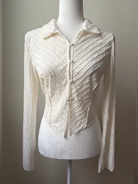 Beige Botany Sheer Textured Crop Top Button Front Long Sleeve L